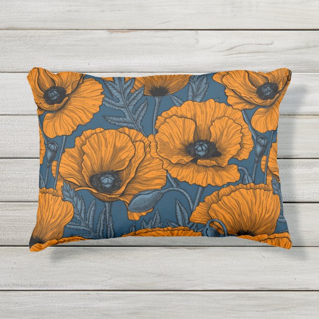 Orange poppies on dark blue outdoor pillow (Front)