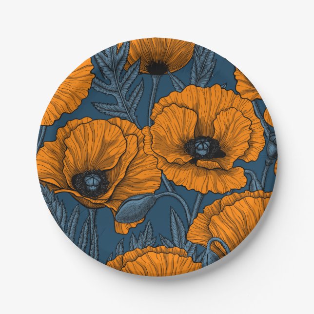 Orange poppies on dark blue paper plates (Front)