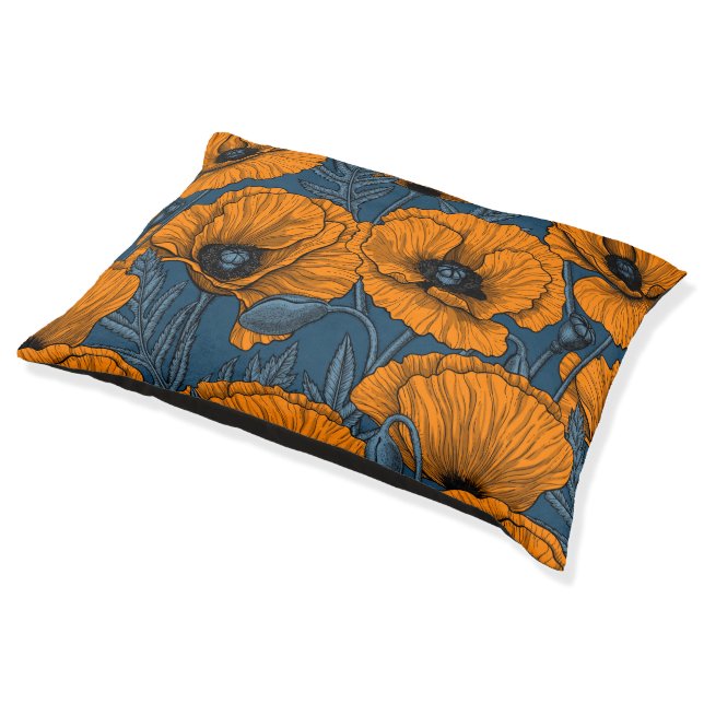 Orange poppies on dark blue pet bed (Angled)