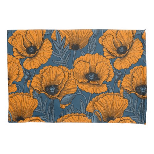 Orange poppies on dark blue pillow case