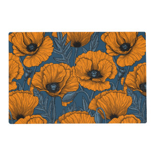 Orange poppies on dark blue placemat