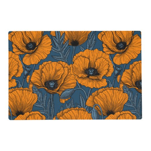Orange poppies on dark blue placemat