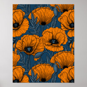 Orange poppies on dark blue poster