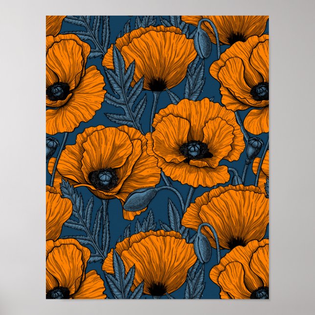 Orange poppies on dark blue poster (Front)