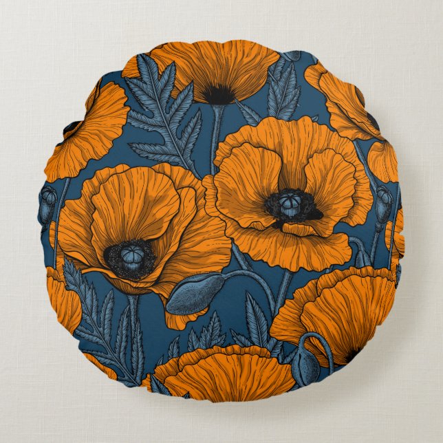 Orange poppies on dark blue round pillow (Front)