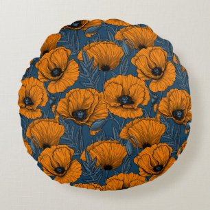 Orange poppies on dark blue round pillow