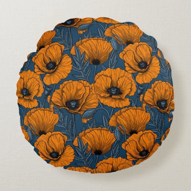 Orange poppies on dark blue round pillow (Front)