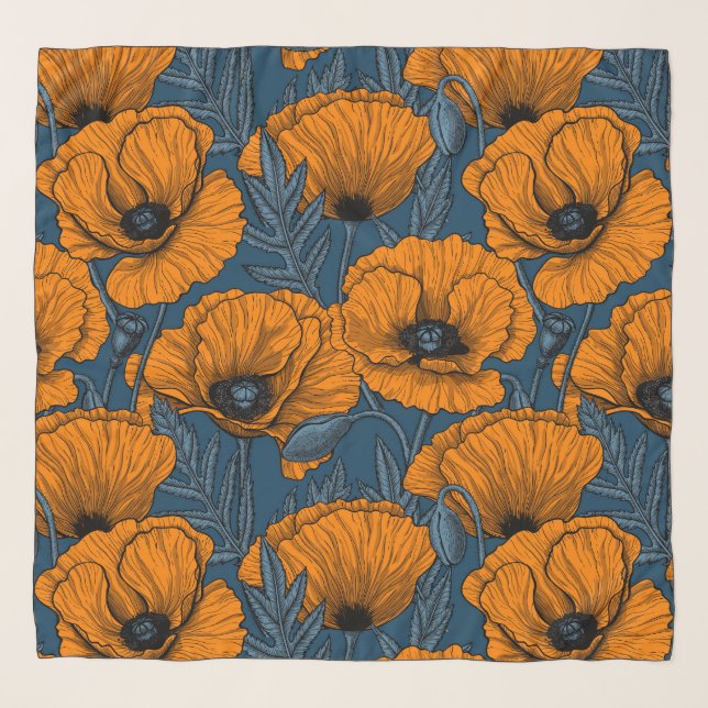 Orange poppies on dark blue scarf (Front)