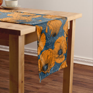 Orange poppies on dark blue short table runner
