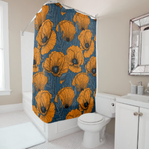 Orange poppies on dark blue shower curtain