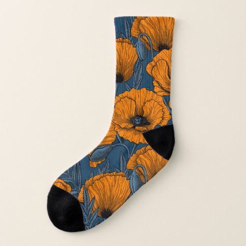 Orange poppies on dark blue socks