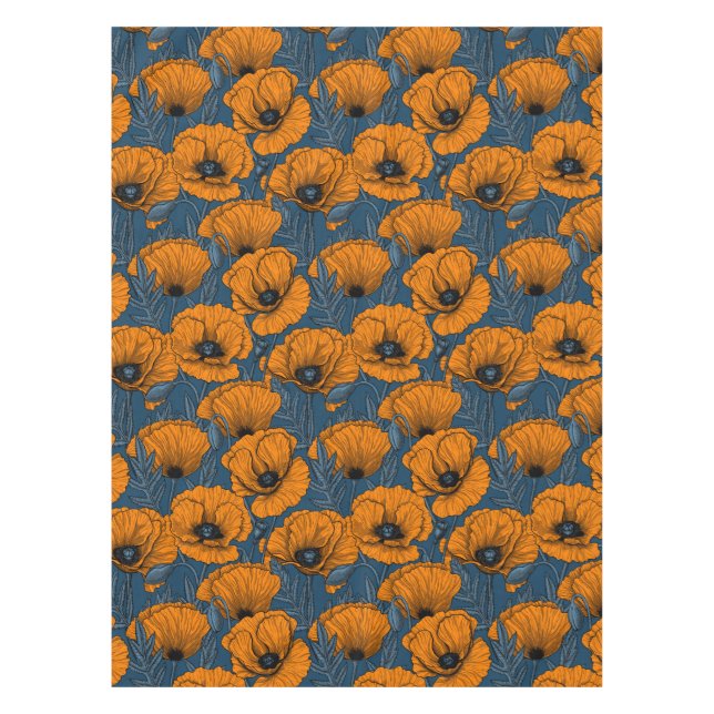 Orange poppies on dark blue tablecloth (Front)