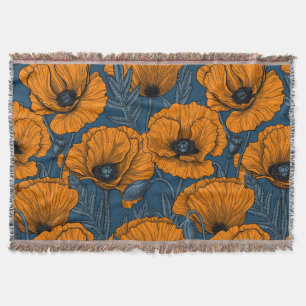Orange poppies on dark blue throw blanket