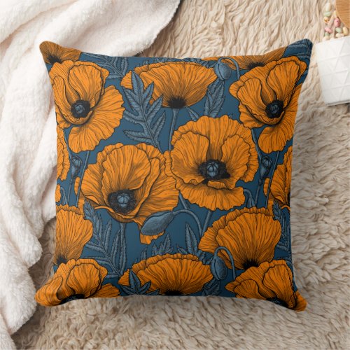 Orange poppies on dark blue throw pillow