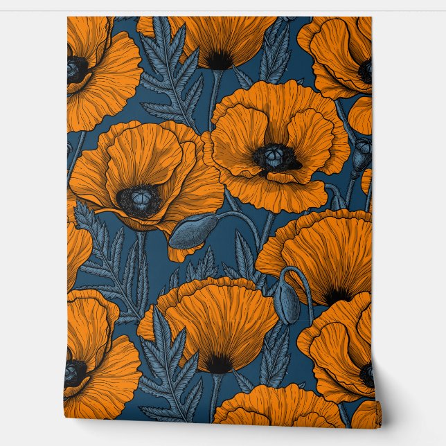 Orange poppies on dark blue wallpaper  (Unrolling)