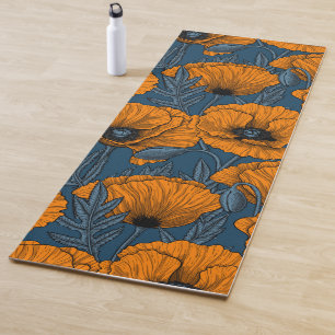 Orange poppies on dark blue yoga mat