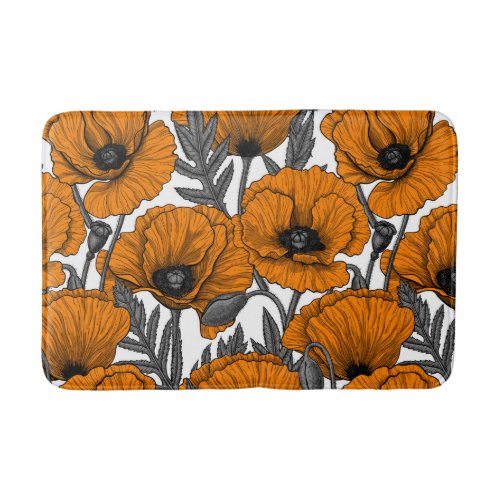 Orange poppies on white bath mat