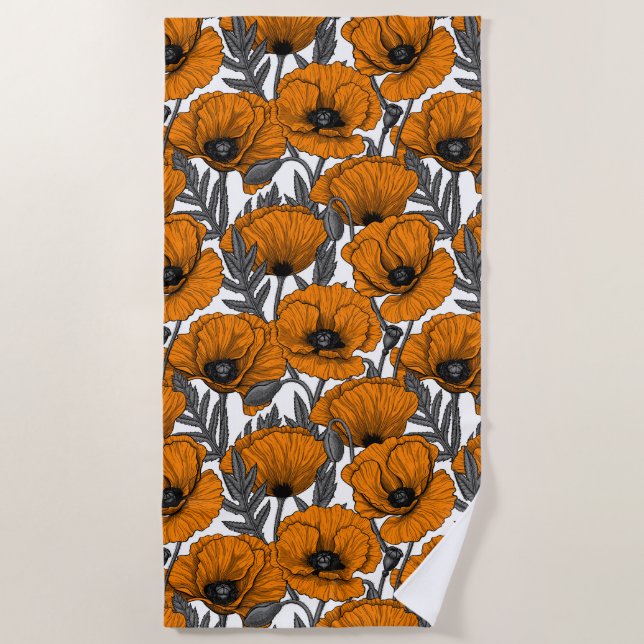 Orange poppies on white beach towel (Front)