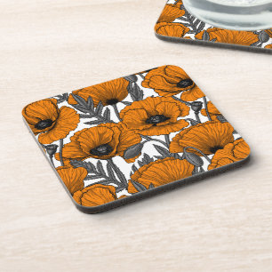 Orange poppies on white beverage coaster