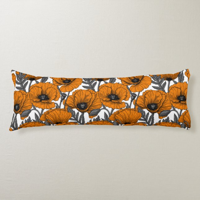 Orange poppies on white body pillow (Front)