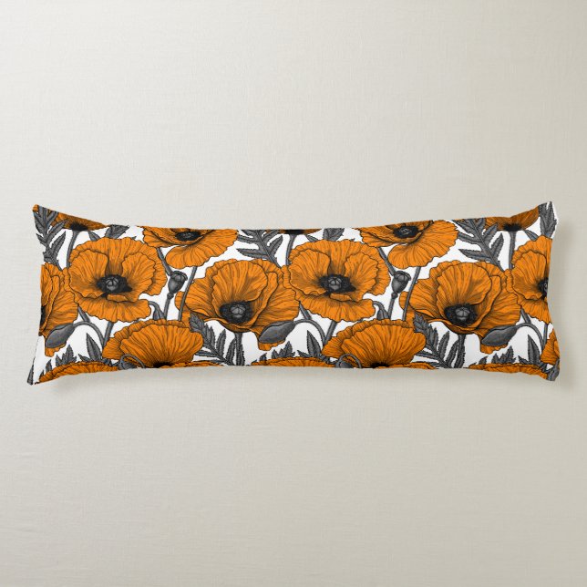 Orange poppies on white body pillow (Front)