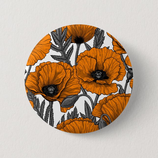 Orange poppies on white button (Front)
