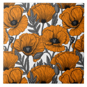 Orange poppies on white ceramic tile