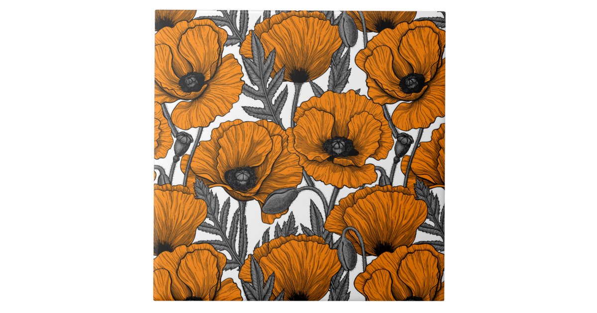 Poppy Glass Tile Orange poppies on white ceramic tile | Zazzle