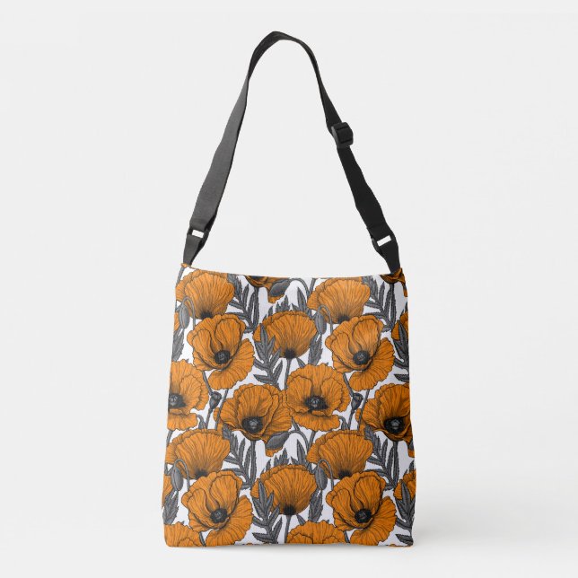 Orange poppies on white crossbody bag (Back)