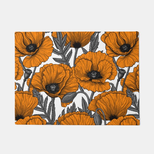 Orange poppies on white doormat (Front)