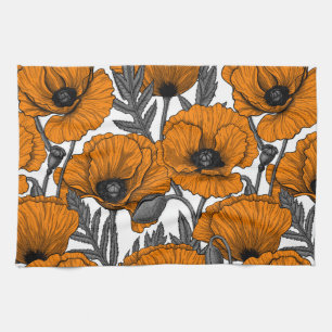 Orange poppies on white kitchen towel