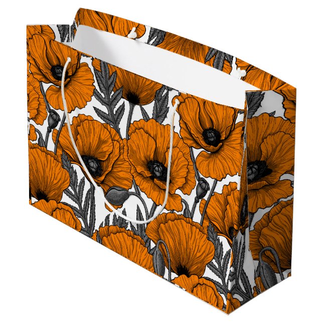Orange poppies on white large gift bag (Back Angled)