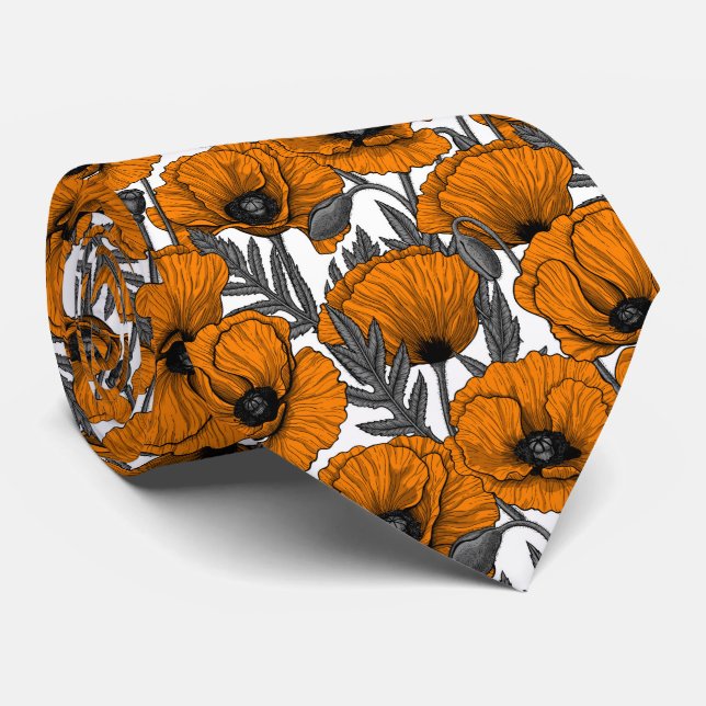 Orange poppies on white neck tie (Rolled)
