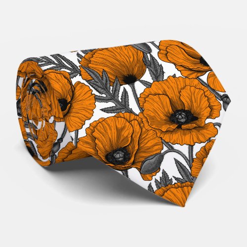 Orange poppies on white neck tie