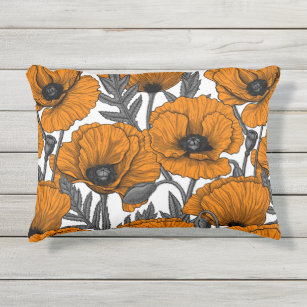 Orange poppies on white outdoor pillow