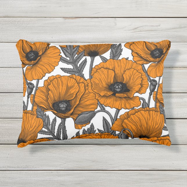 Orange poppies on white outdoor pillow (Front)