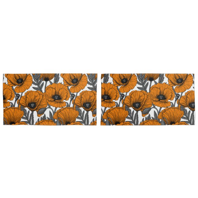 Orange poppies on white pillow case (Front-Set)