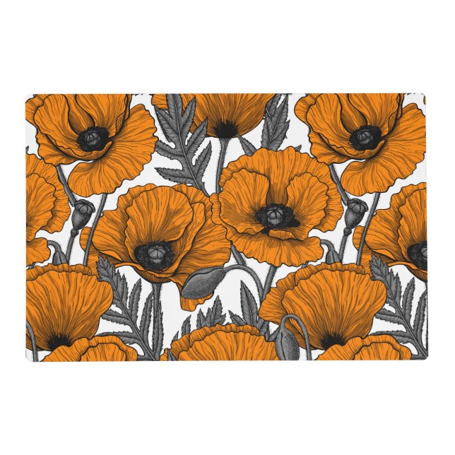 Orange poppies on white placemat (Front)