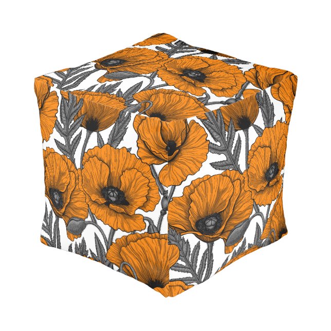 Orange poppies on white pouf (Angled Front)