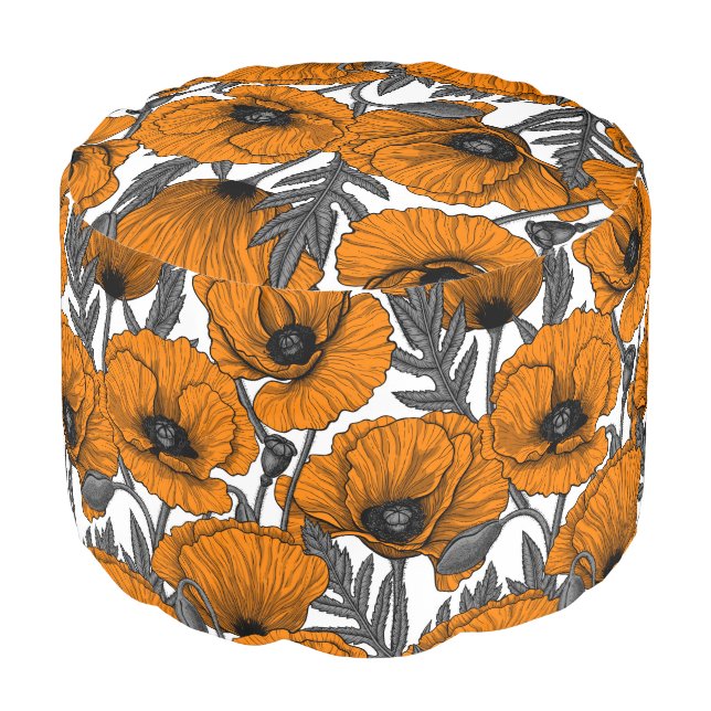 Orange poppies on white pouf (Angled Front)