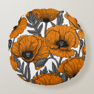 Orange poppies on white round pillow