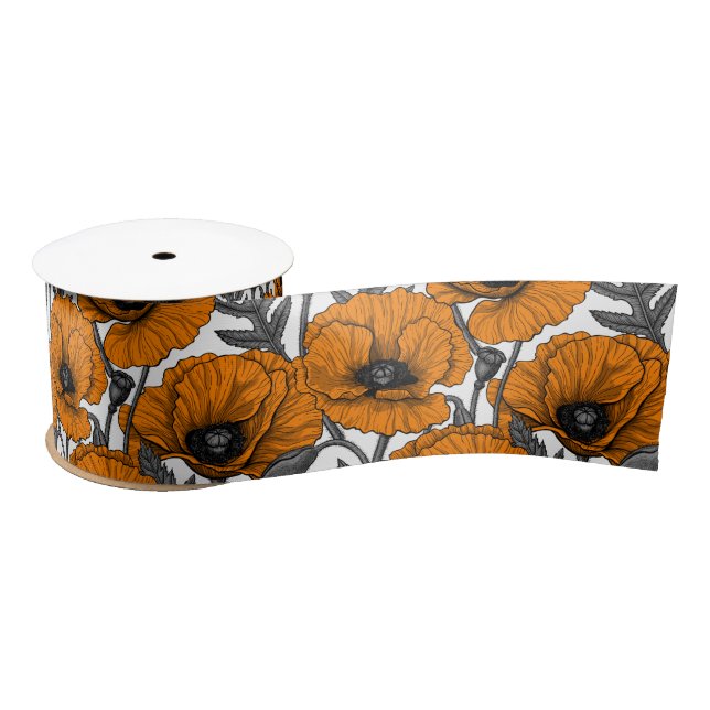 Orange poppies on white satin ribbon (Spool)