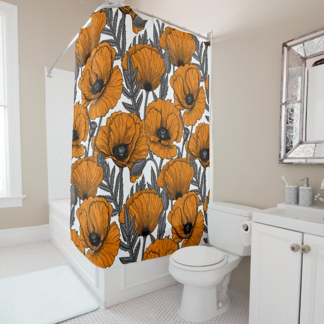 Orange poppies on white shower curtain (In Situ)