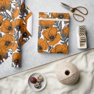 Orange poppies on white wrapping paper