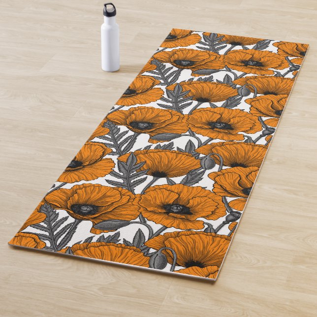 Orange poppies on white yoga mat (In Situ)