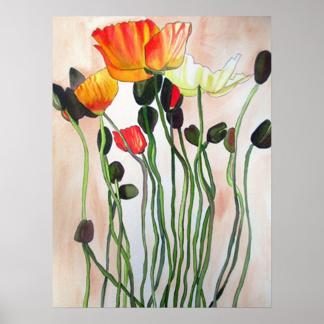 Orange Poppies original watercolour flower art Poster (Front)