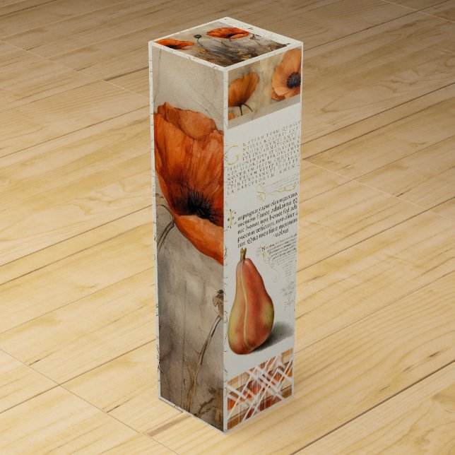 Orange Poppies, Pear, Plaid, Calligraphy Collage Wine Box (Front)