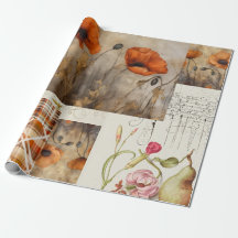 Orange Poppies & Plaid for Decoupage or Giftwrap