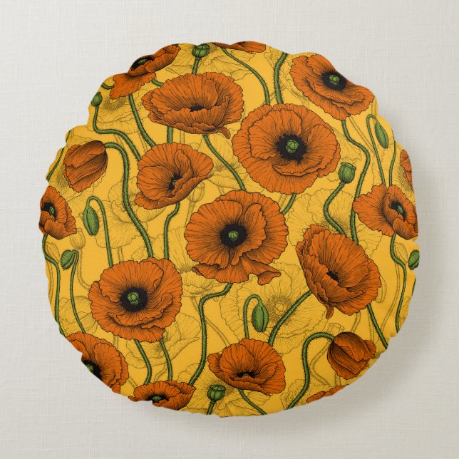 Orange Poppies Round Pillow (Front)
