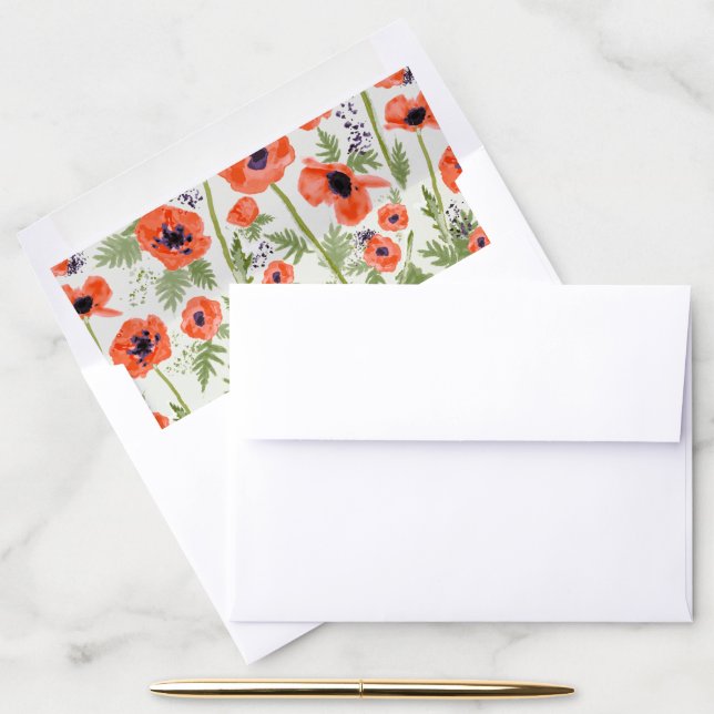 Orange Poppies Watercolor Floral Pattern Envelope Liner (Desk)